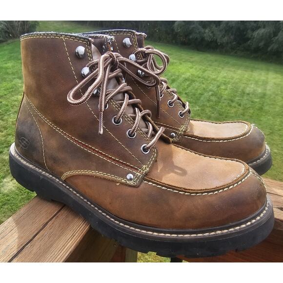 Skechers Chukka Boots Brown Leather Mens sz 10.5 Lace Up Workwear - Picture 1 of 9